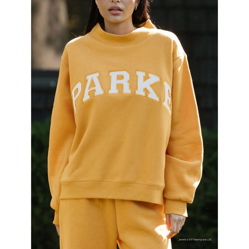 NEW PARKE Hometown Varsity Mockneck Sweatshirt Apricot White Oversized Cozy - Picture 1 of 11
